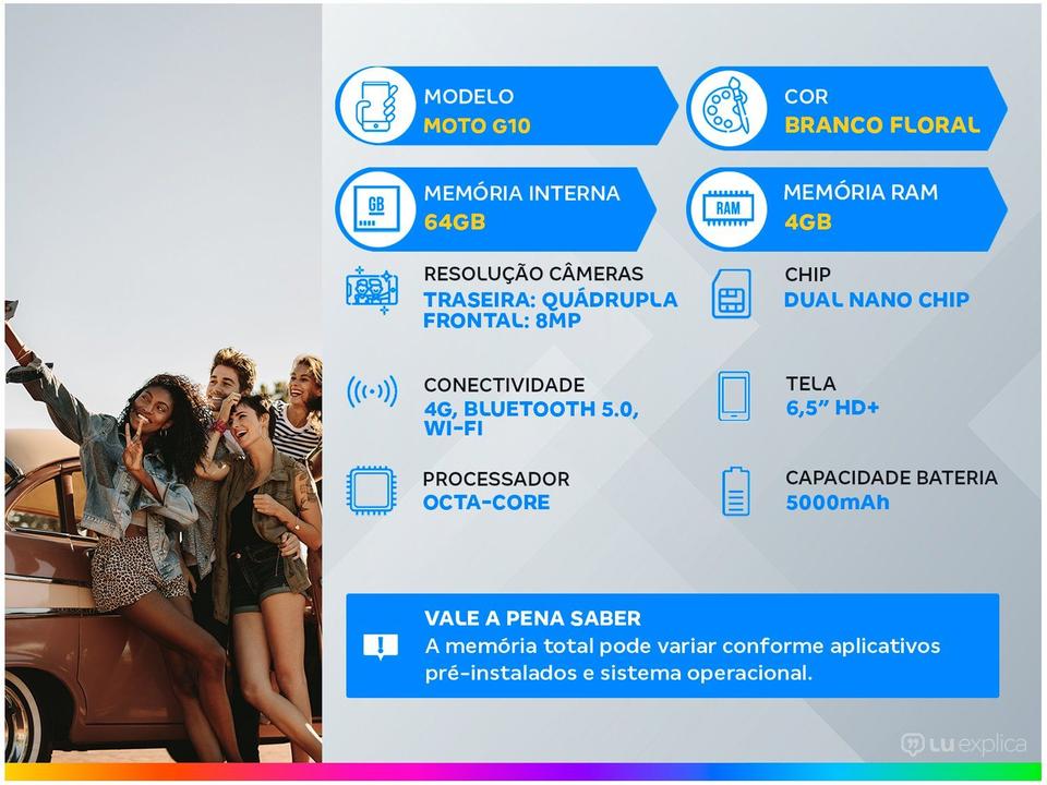 Smartphone Motorola Moto G10 64GB Branco Floral 4G 4GB RAM Tela 6,5” Câm. Quádrupla + Selfie 8M - 1