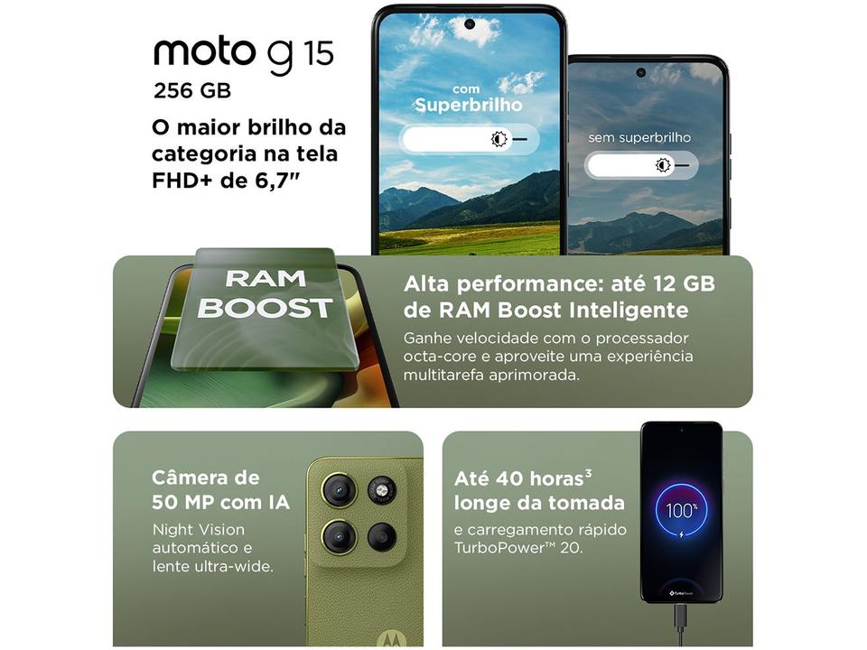Smartphone Motorola Moto G15 256GB Verde 4G 4GB RAM 6,7" Câm. Dupla Selfie 8MP - 5