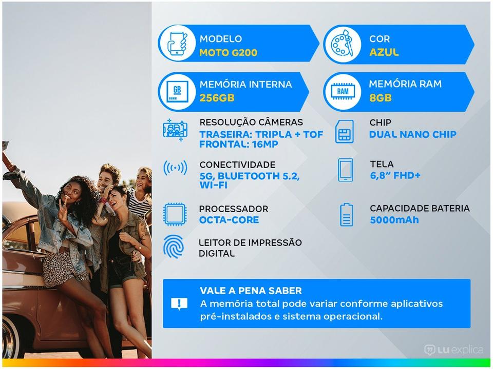 Smartphone Motorola Moto G200 256GB Azul 5G Octa-Core 8GB RAM 6,8” Câm. Tripla + Selfie 16M - 1