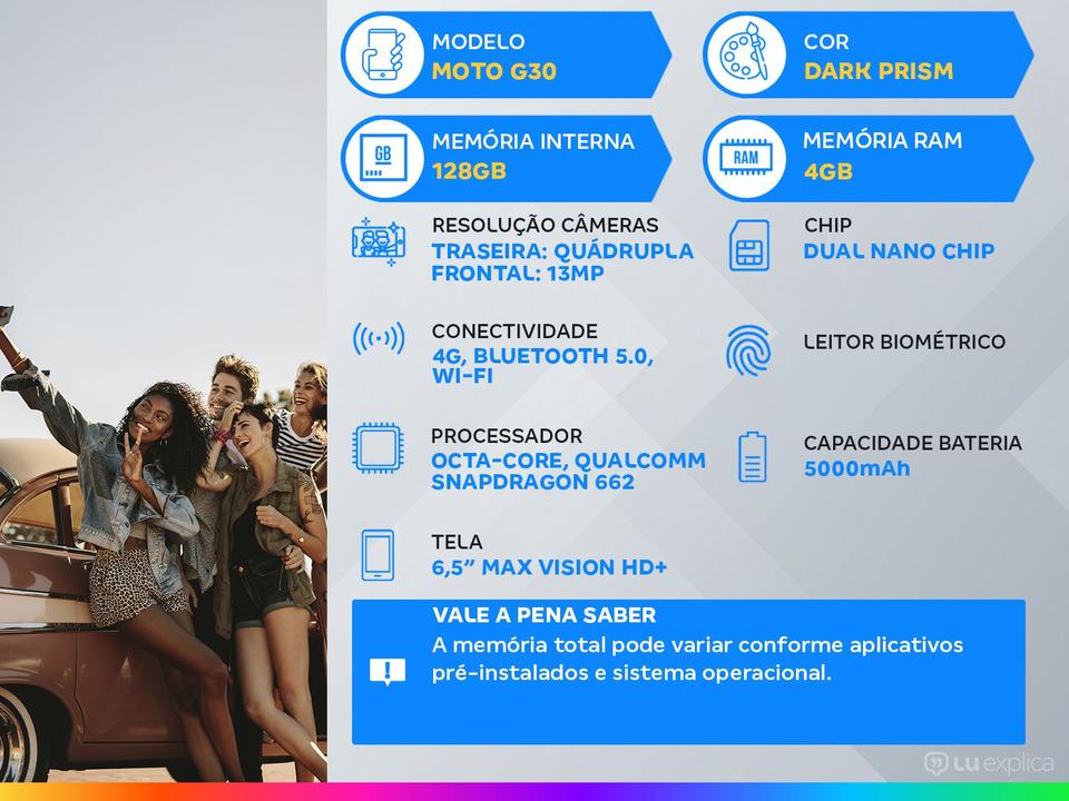 Smartphone Motorola Moto G30 128GB Dark Prism 4G - 4GB RAM Tela 6,5” Câm. Quádrupla + Selfie 13MP - 1