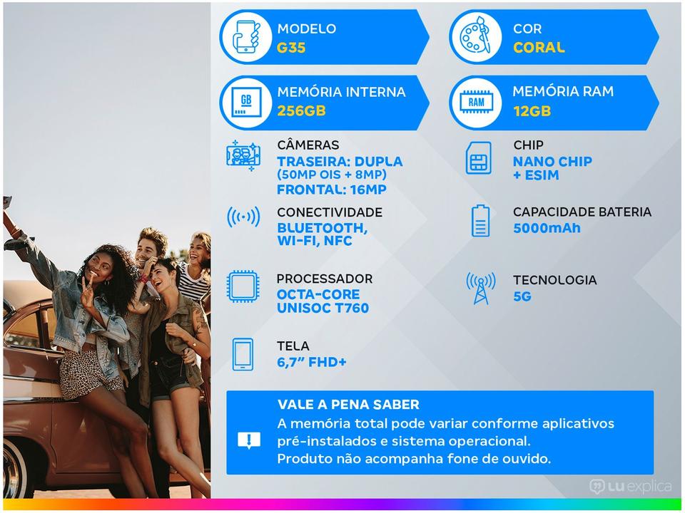 Smartphone Motorola Moto G35 256GB Coral 5G 4GB RAM+8GB Ram Boost 5G 6,7" Câm. Dupla + Selfie 16MP - 1