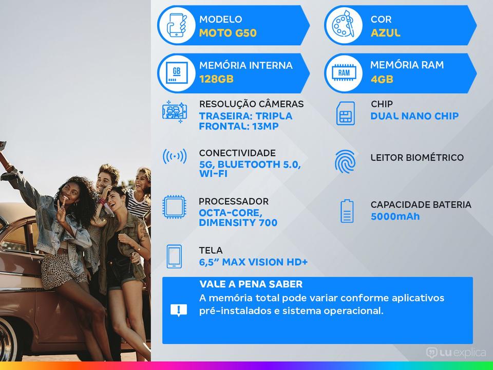 Smartphone Motorola Moto G50 128GB Azul 5G Octa-Core 6,5” Câm. Tripla + Selfie 13MP Dual Chip - 1