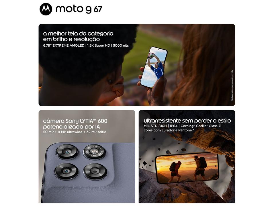 Smartphone Motorola Moto G67 128GB 5G 12GB RAM Chumbo 6,8" Câm. Tripla + Selfie 32MP - 4