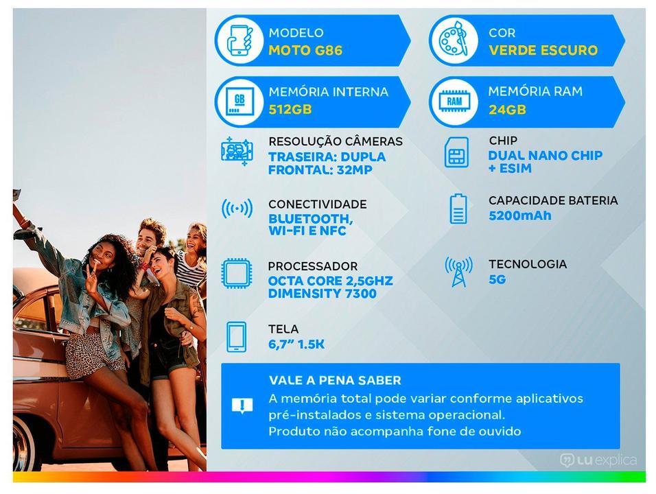Smartphone Motorola Moto g86 512GB 5G 12GB+12GB RAM Boost Inteligente Verde Escuro 6,7" Câm. Dupla + Selfie 32MP - 1