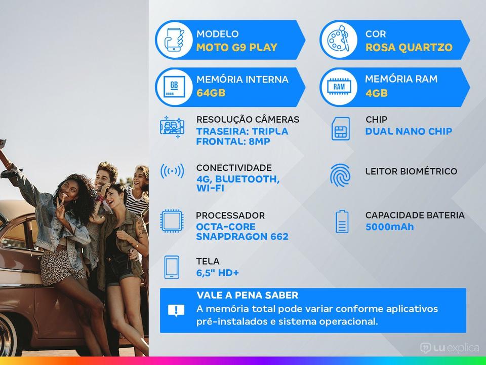 Smartphone Motorola Moto G9 Play 64GB Rosa Quartzo - 4G Octa-Core 4GB RAM 6,5” Câm. Tripla + Selfie 8M - 1