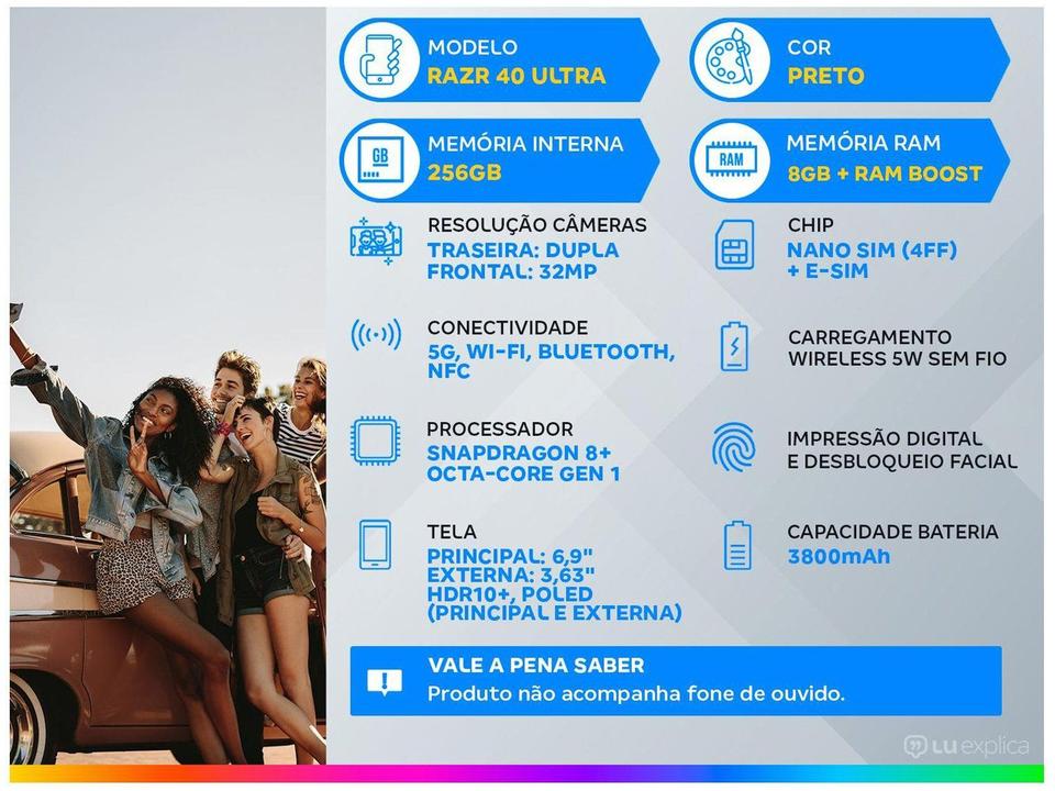 Smartphone Motorola Razr 40 Ultra 256GB Preto 5G Snapdragon Octa-Core 4GB RAM 6,9" Câm. Dupla + Selfie 32MP - 1