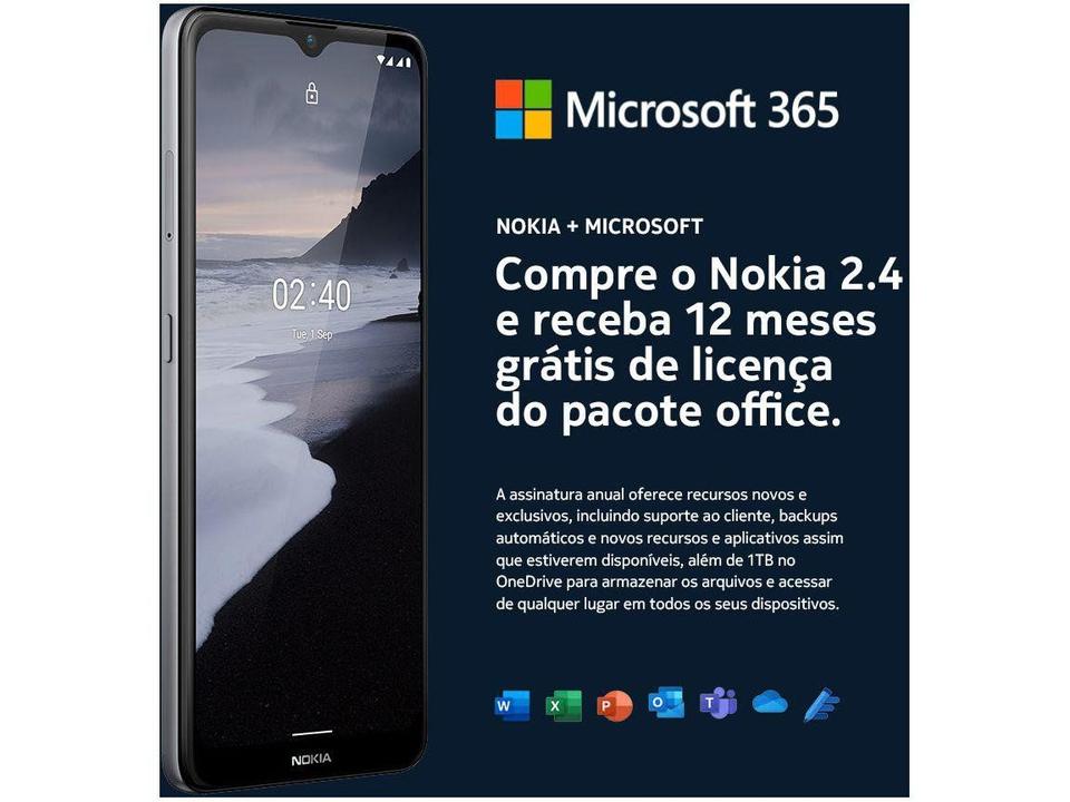 Smartphone Nokia 2.4 64GB Cinza 4G 3GB RAM 6,5” Câm. Dupla + Selfie 5MP com Pacote Offic - 4