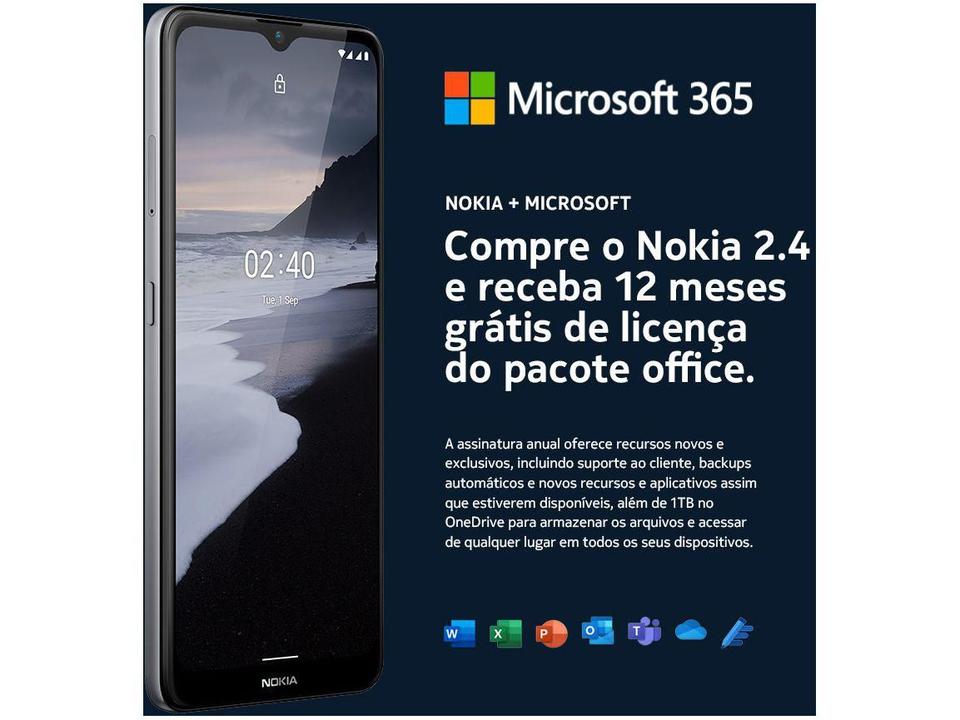 Smartphone Nokia 2.4 64GB Cinza 4G 3GB RAM 6,5” Câm. Dupla + Selfie 5MP com Pacote Office - 4