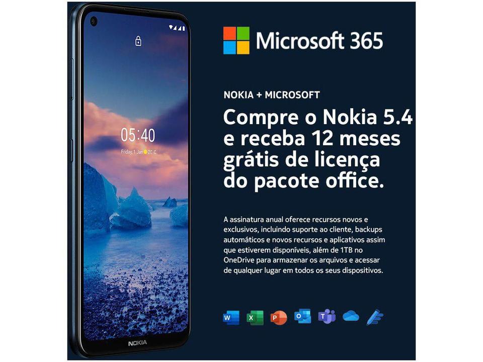 Smartphone Nokia 5.4 128GB Azul 4G 4GB RAM 6,39” Câm. Quádrupla + Selfie 16MP com Pacote Office - 4
