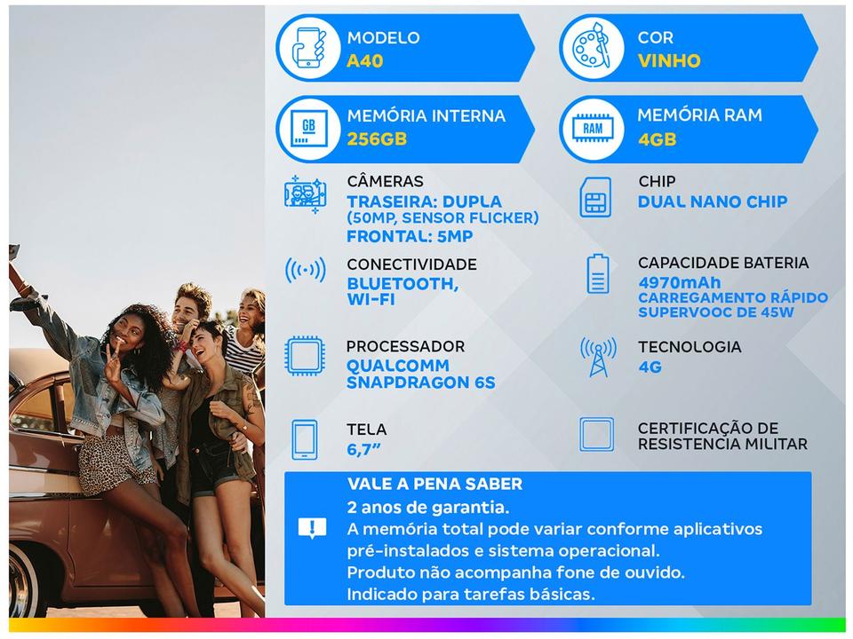 Smartphone OPPO A40 256GB Vinho 4GB RAM 6,7" Câm. 50MP + Selfie 5MP - 1