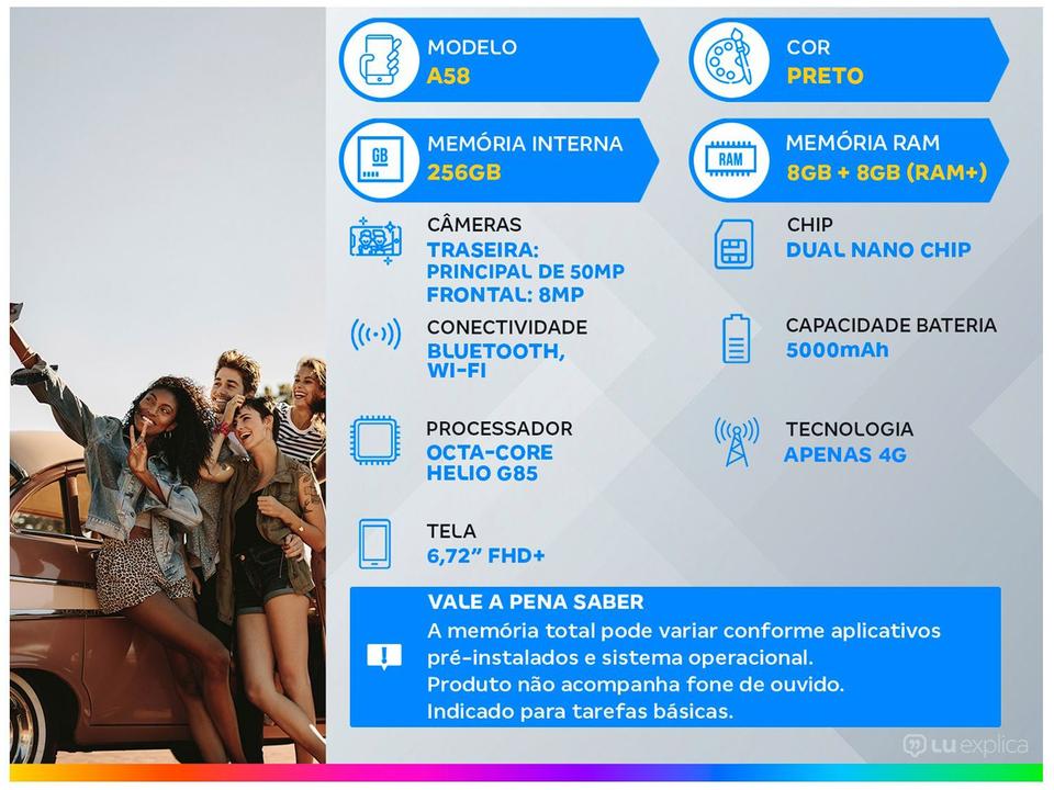 Smartphone OPPO A58 256GB Preto 4G 8GB + 8GB (RAM+) 6,72" Câm. 50MP + Selfie 8MP Dual Chip - 1