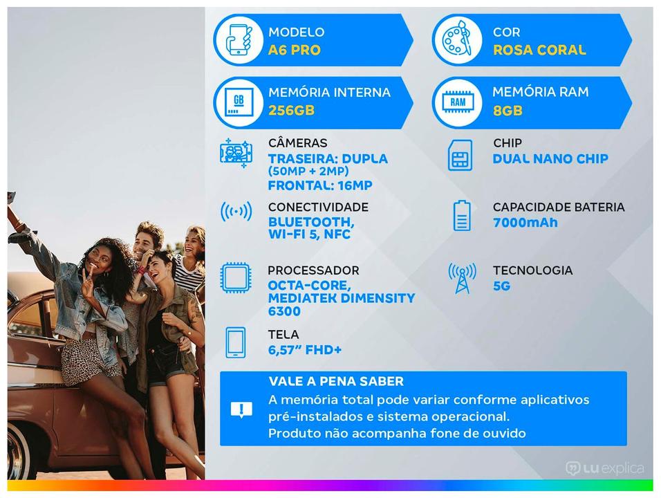 Smartphone OPPO A6 Pro 256GB 5G 8GB RAM Rosa Coral 6,57" Câmera Dupla 50MP+2MP Frontal 16MP - 1