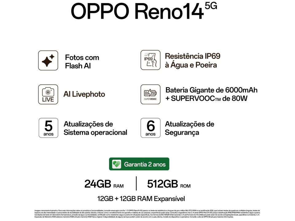 Smartphone OPPO Reno14 512GB 5G 12GB RAM Verde Luminoso 6,59" Câm. Tripla + Selfie 50MP - 11