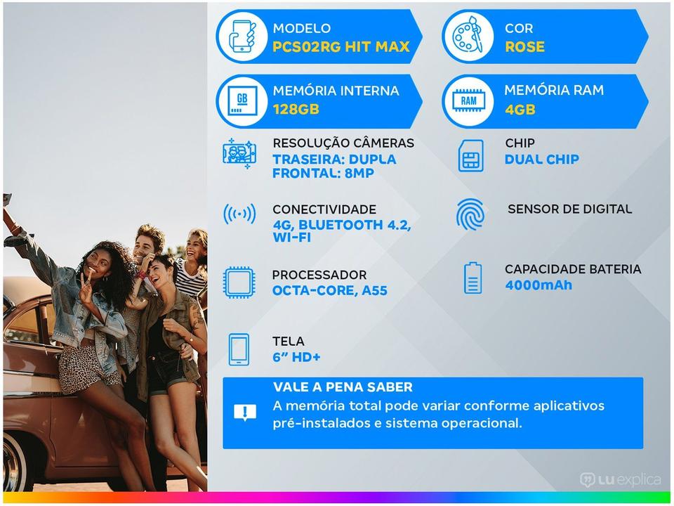 Smartphone Philco PCS02RG HIT MAX 128GB Rose - 4G 4GB RAM Tela 6” Câm. Dupla + Selfie 8M - 1