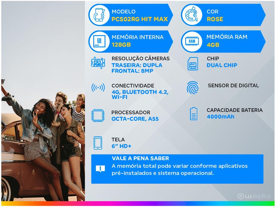 Smartphone Philco PCS02RG HIT MAX 128GB Rose - 4G 4GB RAM Tela 6” Câm. Dupla + Selfie 8MP - 1