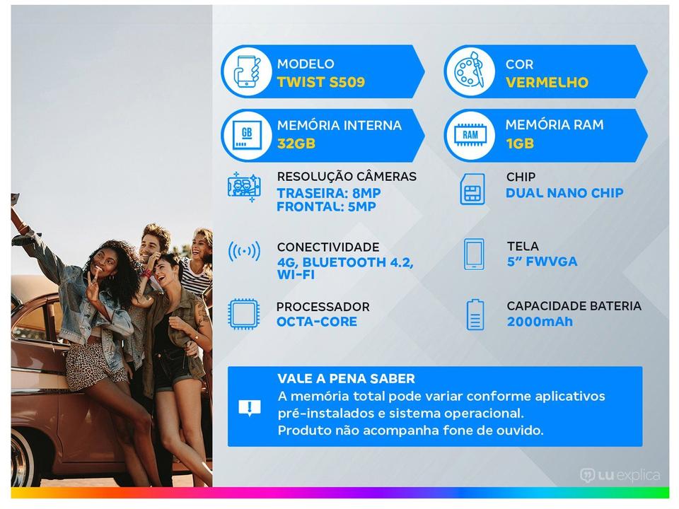 Smartphone Positivo Twist S509 32GB Vermelho 4G Octa-Core 1GB RAM Tela 5” Câm. 8MP + Selfie 5M - 1