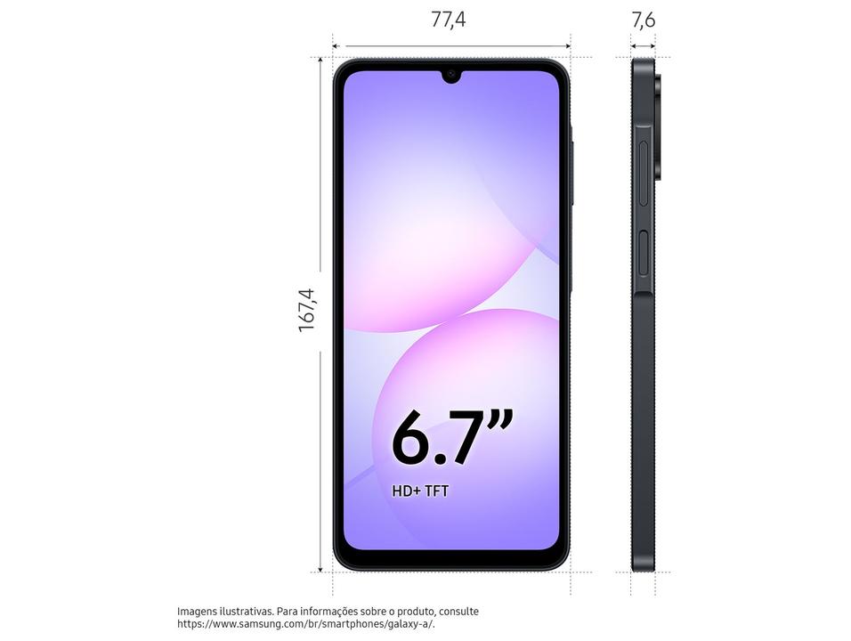 Smartphone Samsung A07 128GB Preto 4GB RAM Tela 6,7" Câm. Dupla + Selfie 8MP - 8