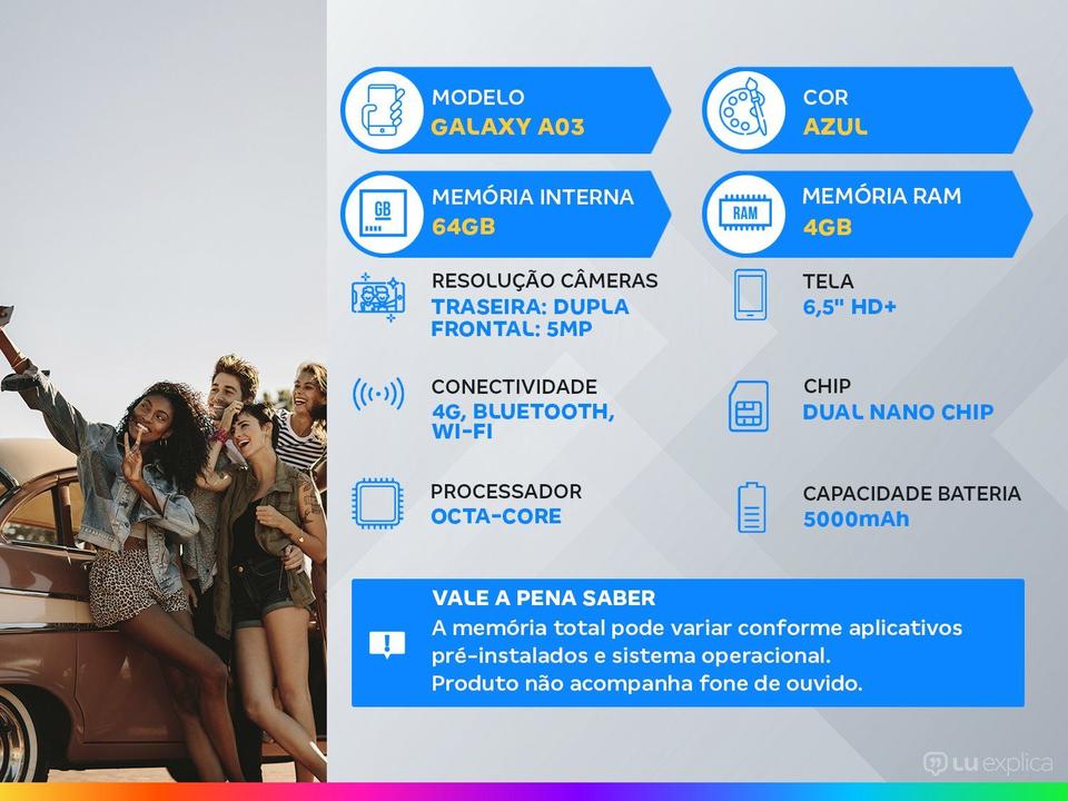 Smartphone Samsung Galaxy A03 64GB Azul 4G Octa-Core 4GB RAM Tela 6,5” Câm. Dupla + Sefie 5M - 1