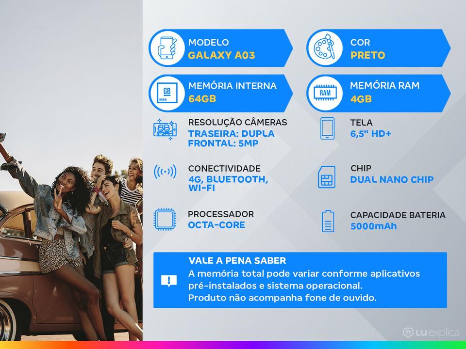 Smartphone Samsung Galaxy A03 64GB Preto 4G Octa-Core 4GB RAM Tela 6,5” Câm. Dupla + Sefie 5MP - 1