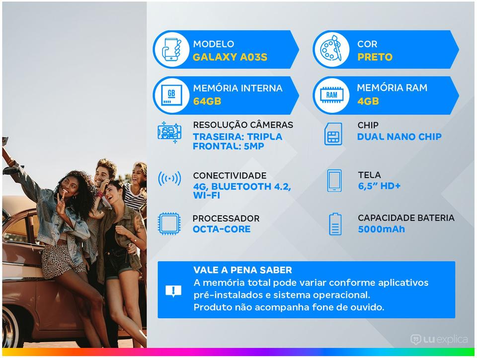 Smartphone Samsung Galaxy A03s 64GB Preto 4G 4GB RAM Tela 6,5” Câm. Tripla + Selfie 5MP - 1