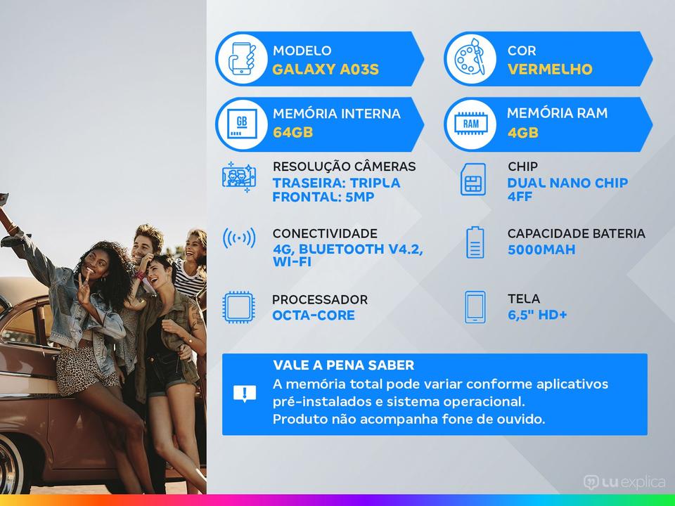 Smartphone Samsung Galaxy A03s 64GB Vermelho 4G 4GB RAM Tela 6,5” Câm. Tripla + Selfie 5MP - 1