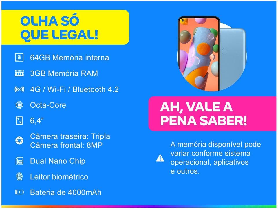 Smartphone Samsung Galaxy A11 64GB Azul 3GB RAM 6,4" Câm. Tripla + Selfie 8MP Dual Chip - 1