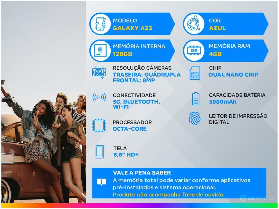 Smartphone Samsung Galaxy A23 128GB Azul 5G Octa-Core 4GB RAM 6,6” Câm. Quádrupla + Selfie 8M - 1