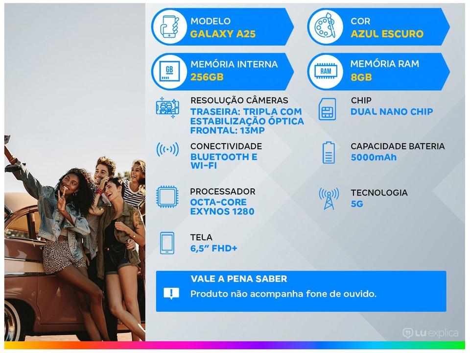 Smartphone Samsung Galaxy A25 6,5" 256GB Azul Escuro 5G 8GB RAM Câm Tripla 50MP + Selfie 13MP Bateria 5000mAh Dual Chip - 1