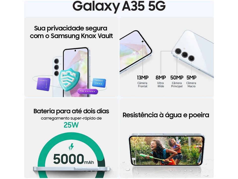 Smartphone Samsung Galaxy A35 128GB Azul Escuro 5G 6GB RAM 6,6" Câm. Tripla + Selfie 13MP Dual Chip - 12