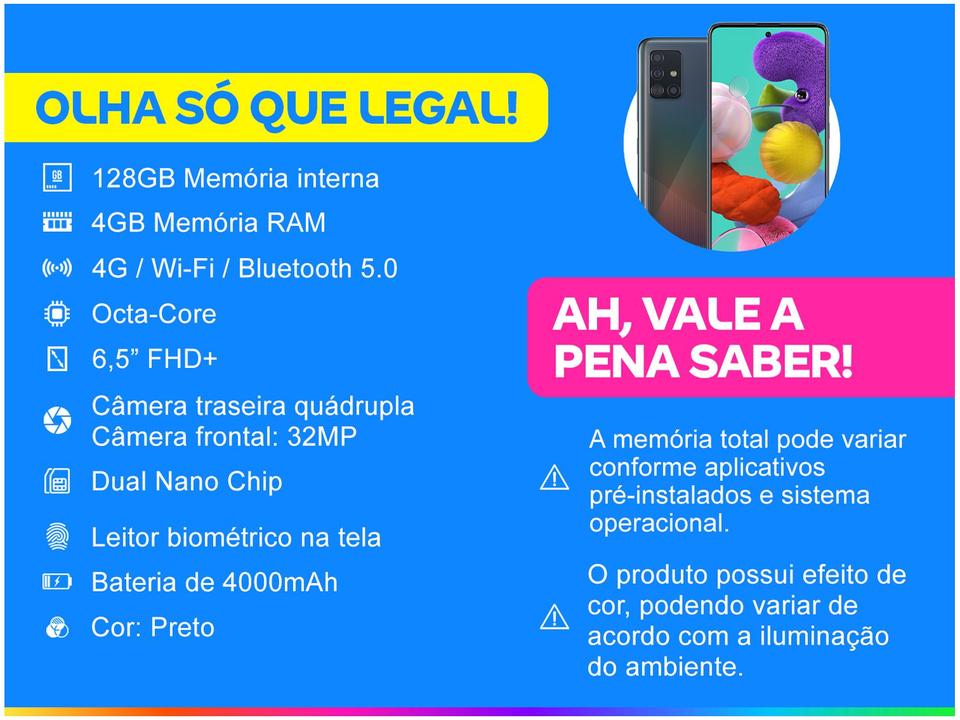 Smartphone Samsung Galaxy A51 128GB Preto 4GB RAM 6,5" Câm. Quádrupla + Selfie 32MP Dual Chip - 1
