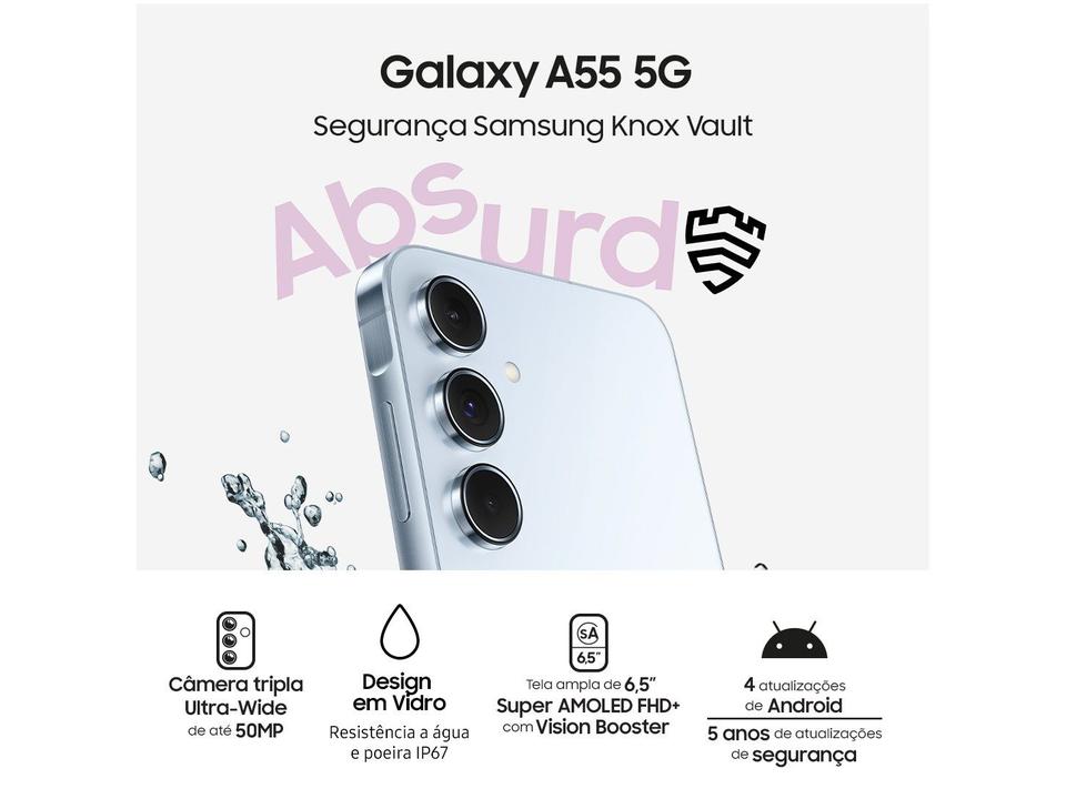 Smartphone Samsung Galaxy A55 128GB Azul Claro 5G 8GB RAM 6,6" Câm. Tripla + Selfie 32MP Dual Chip - 6