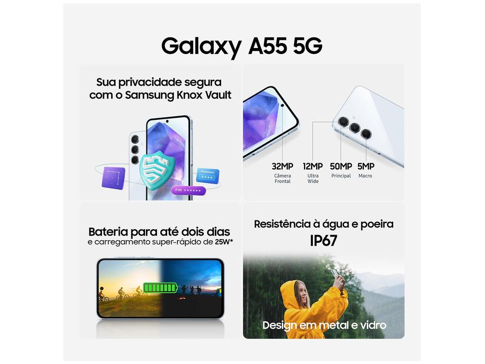 Smartphone Samsung Galaxy A55 256GB Rosa 5G 8GB RAM 6,6" Câm. Tripla + Selfie 32MP Dual Chip - 8