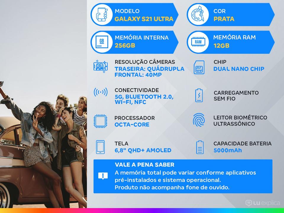 Smartphone Samsung Galaxy S21 Ultra 256GB Prata 5G - 12GB RAM Tela 6,8” Câm. Quádrupla + Selfie 40MP - 1