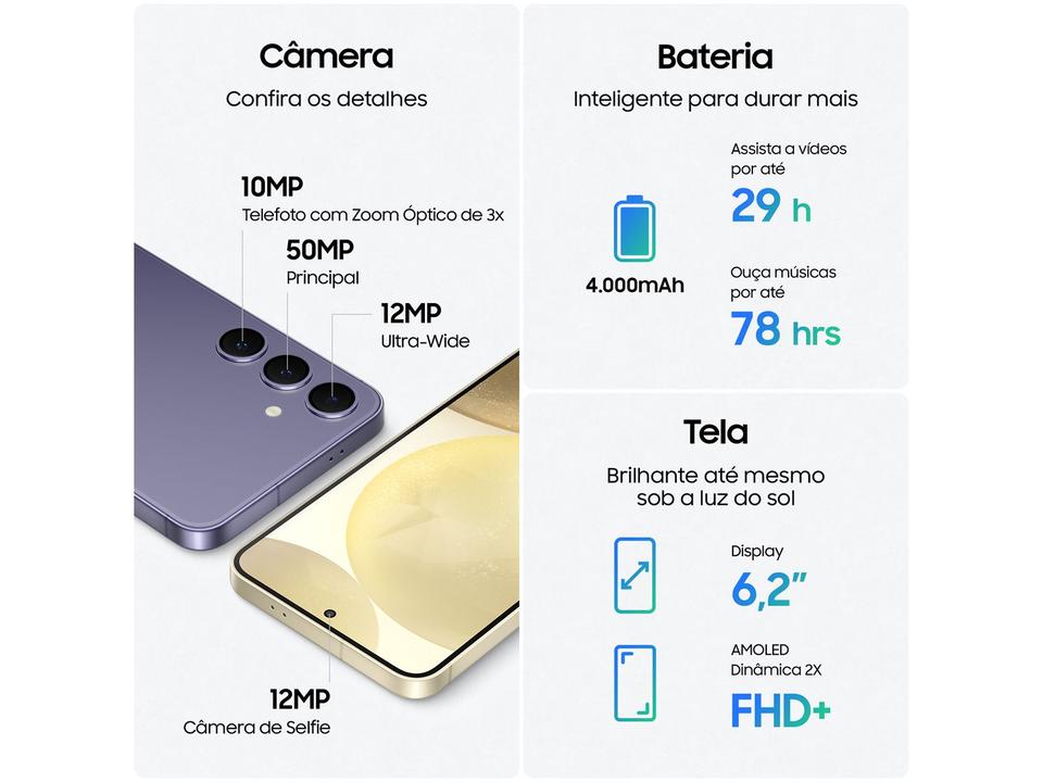 Smartphone Samsung Galaxy S24 6,2" Galaxy AI 256GB Creme 5G 8GB RAM Câm. Tripla 50MP + Selfie 12MP Bateria 4000mAh Dual Chip - 3