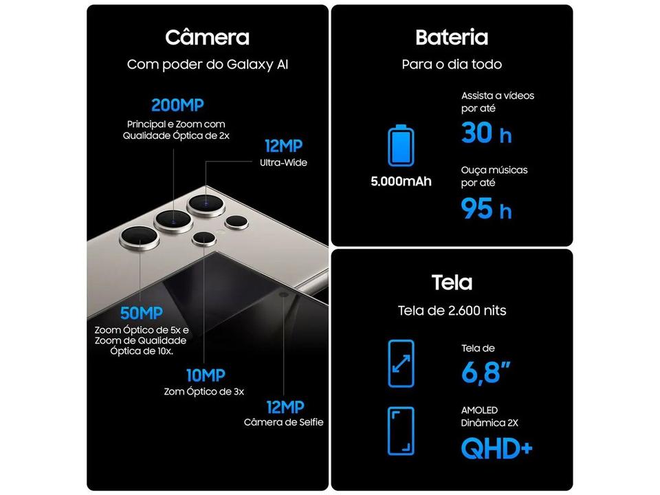 Smartphone Samsung Galaxy S24 Ultra 6,8" Galaxy AI 256GB Titânio Preto 5G 12GB RAM Câm. Quádrupla 200MP + Selfie 12MP Bateria 5000mAh Dual Chip - 5