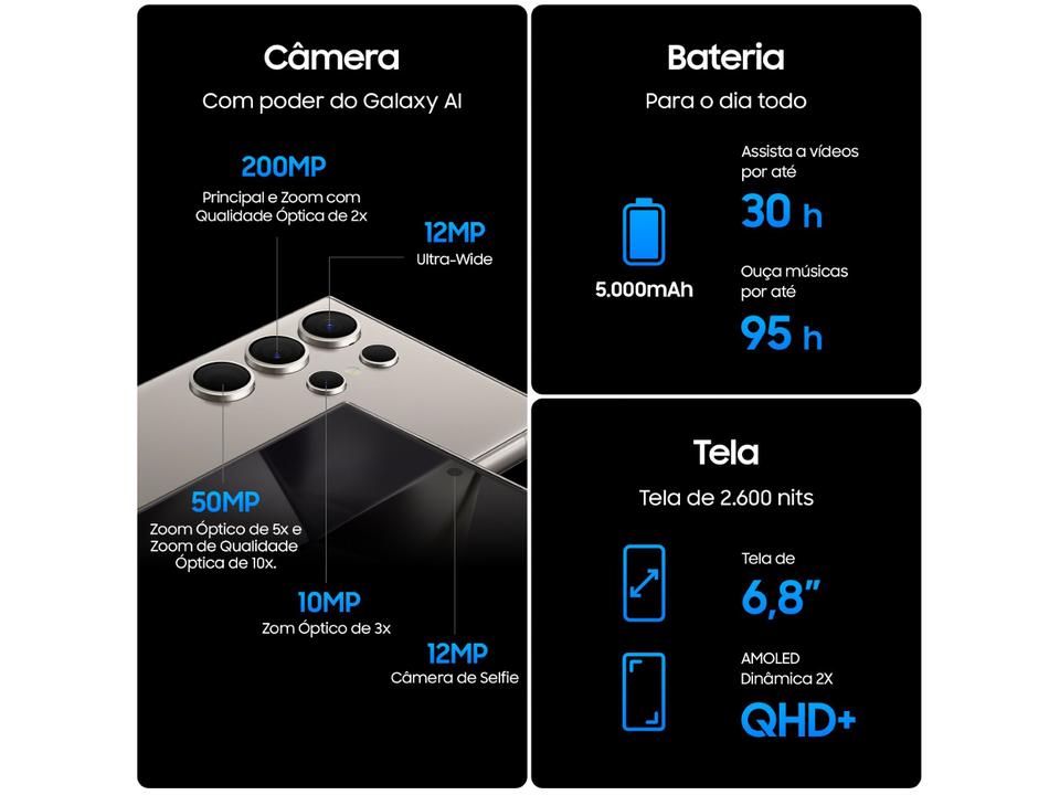 Smartphone Samsung Galaxy S24 Ultra 6,8" Galaxy AI 512GB Titânio Cinza 5G 12GB RAM Câm. Quádrupla 200MP + Selfie 12MP Bateria 5000mAh Dual Chip - 3