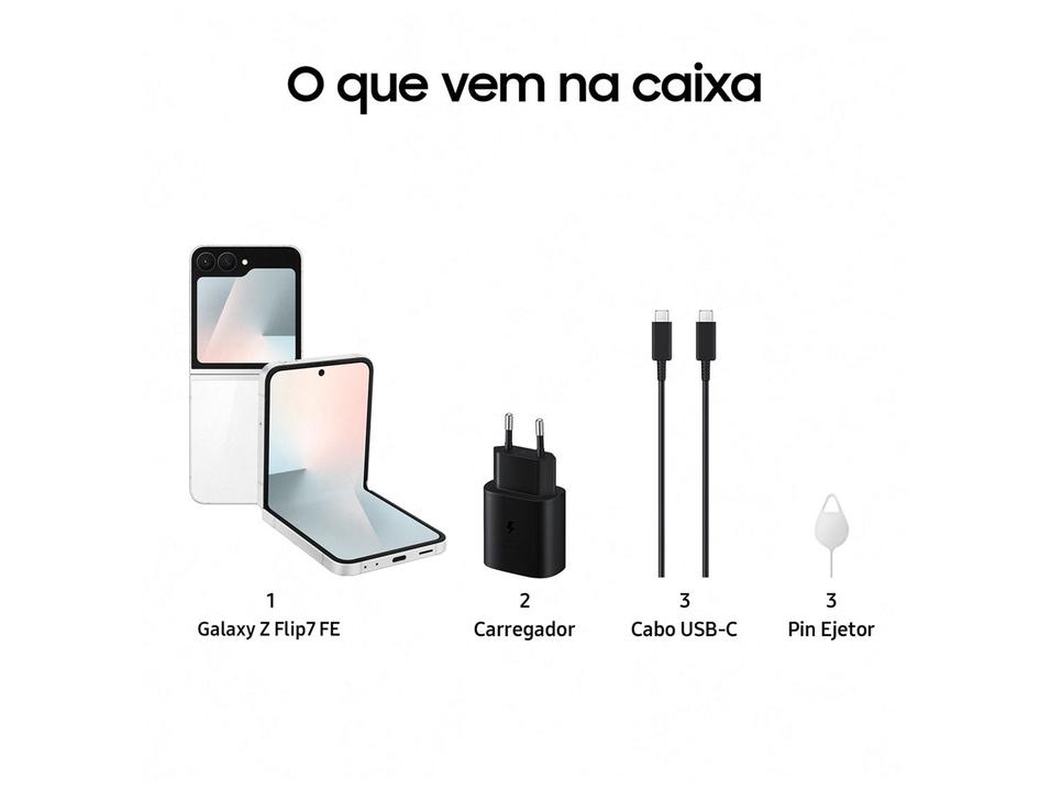 Smartphone Samsung Galaxy Z Flip7 FE 128GB Branco 5G  8GB RAM Tela 6,7" Câm. Dupla de 50MP Galaxy AI - 5