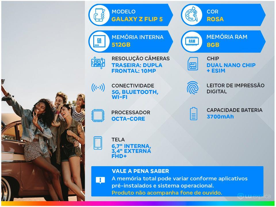 Smartphone Samsung Z Flip 5 512GB Rosa 5G Snapdragon 8GB RAM 6,7" Câm. Dupla + Selfie 10MP Dual Chip - 1