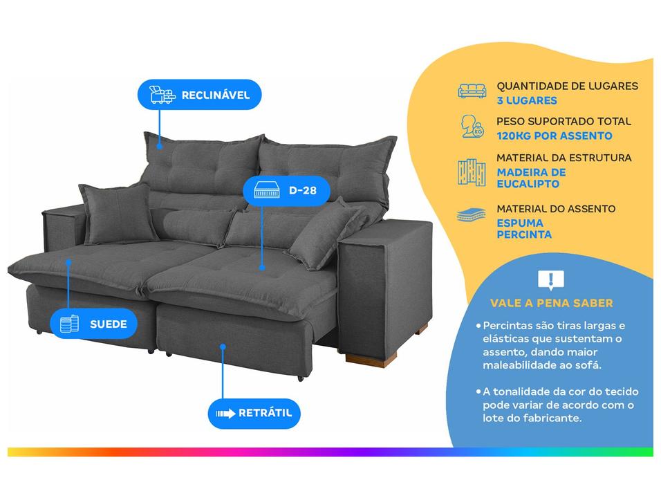 Sofá 3 Lugares Retrátil Reclinável Suede Parma JW Estofados - 1