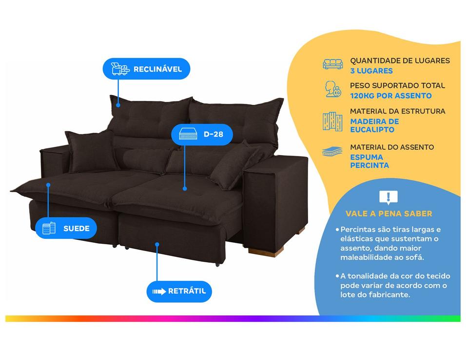 Sofá 3 Lugares Retrátil Reclinável Suede Parma JW Estofados - 1