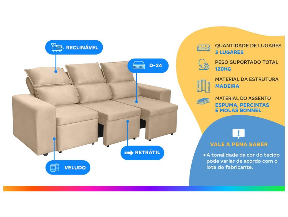 Sofá 3 Lugares Retrátil Reclinável Veludo Berlim SMP - 1