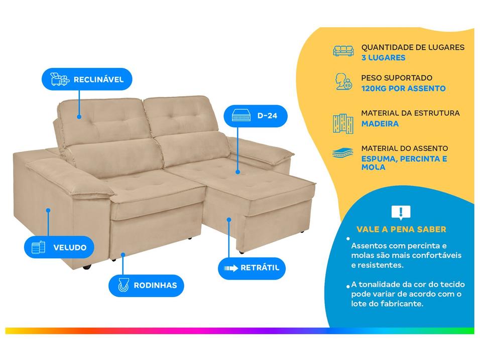 Sofá 3 Lugares Retrátil Reclinável Veludo Kratos SMP - 1