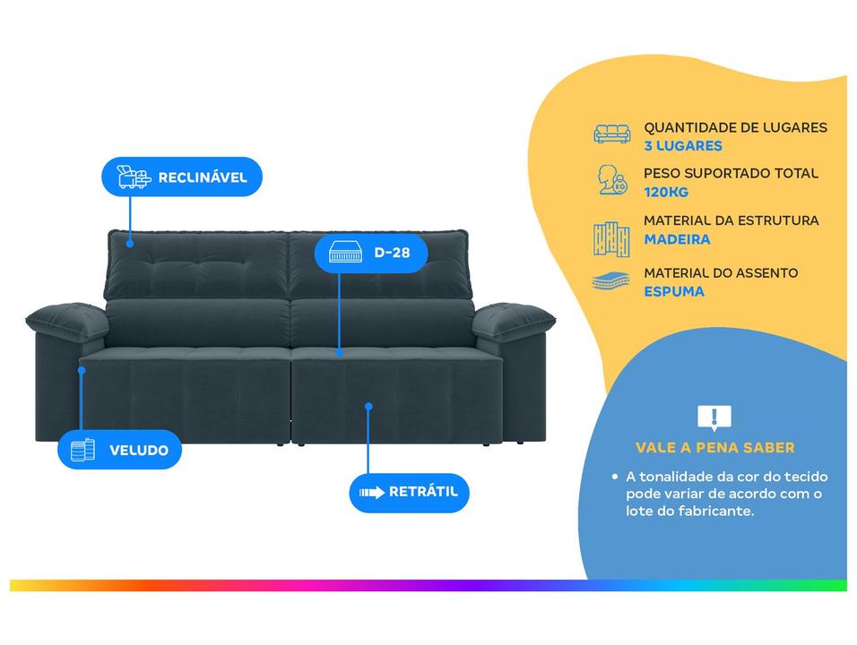 Sofá 3 Lugares Retrátil Reclinável Veludo Santorini Besthouse - 1