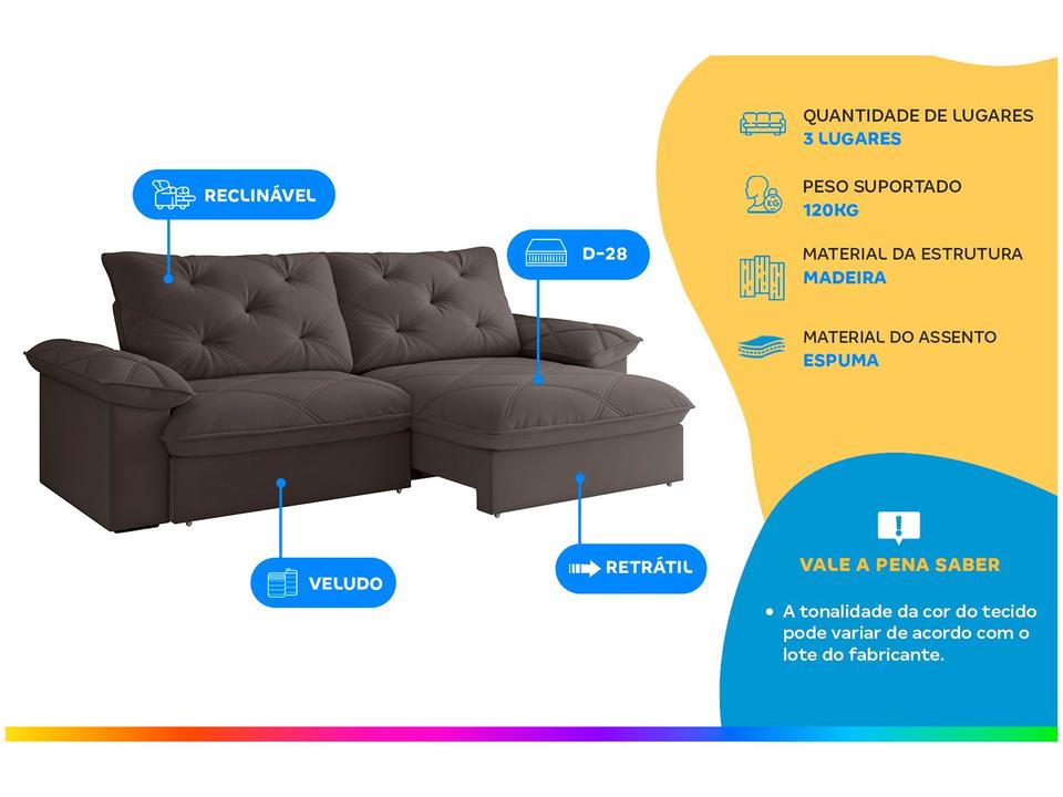 Sofá 3 Lugares Retrátil Reclinável Veludo Vancouver Besthouse - 1