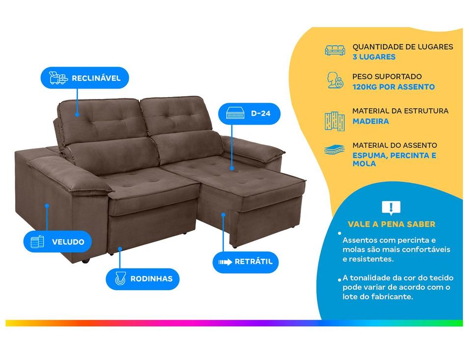 Sofá 3 Lugares Retrátil Reclinável Veludo Zeus Nordeste Flex - 3