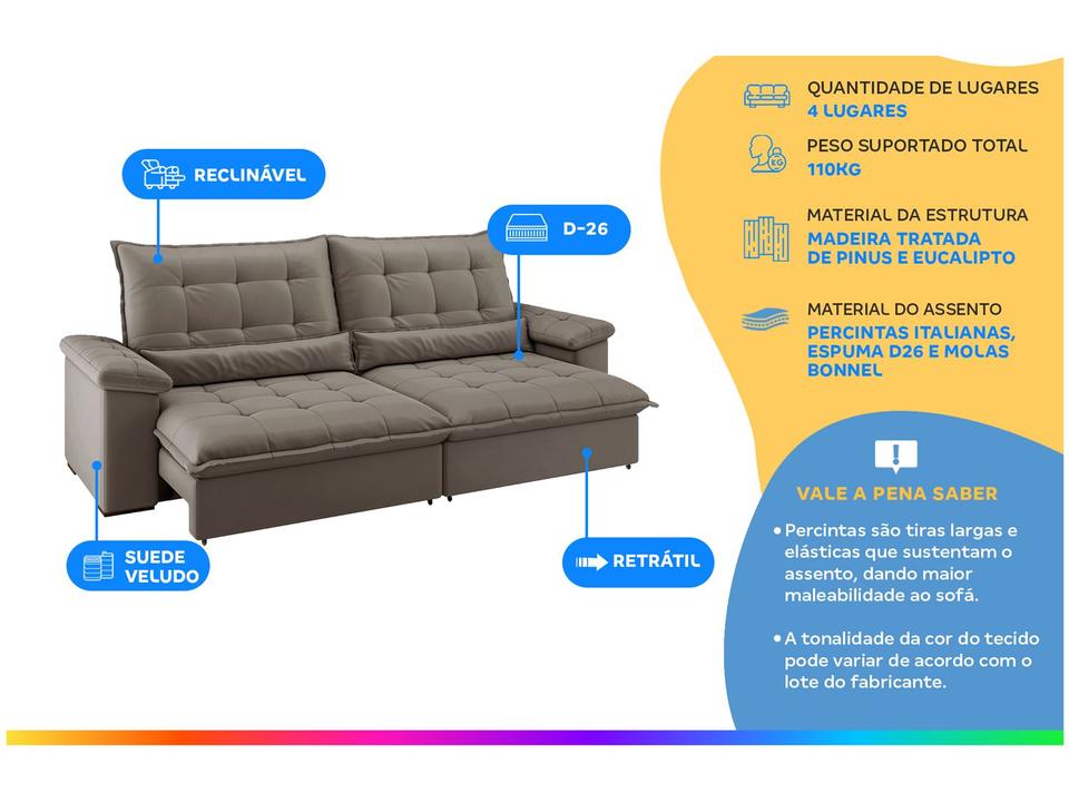 Sofá 4 Lugares Retrátil Reclinável Suede Veludo Molas Ensacadas Módena Flexforma Estofados - 1