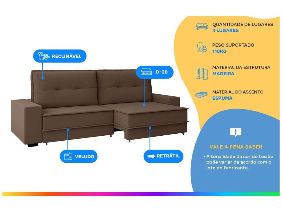 Sofá 4 Lugares Retrátil Reclinável Veludo Texas Besthouse - 1