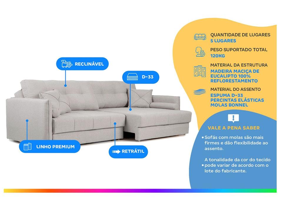 Sofá 5 Lugares Retrátil Reclinável Linho Urban Next Sofás - 3