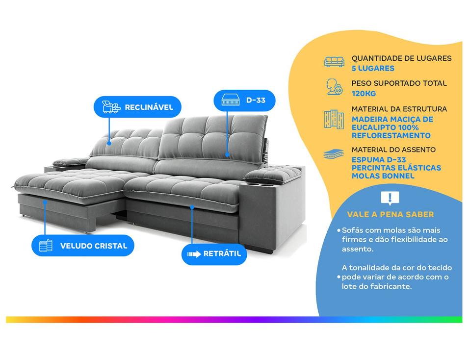 Sofá 5 Lugares Retrátil Reclinável Veludo Olimpo Next Sofás - 1