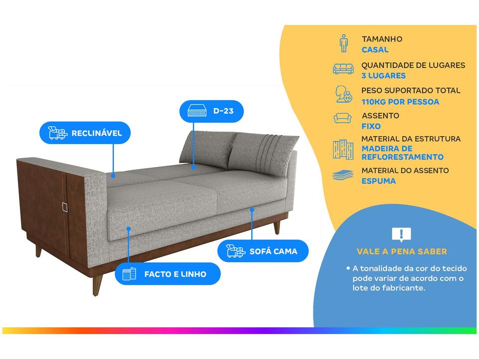Sofá-cama 3 Lugares Casal Reclinável Facto e Linho Matrix Esther - 1